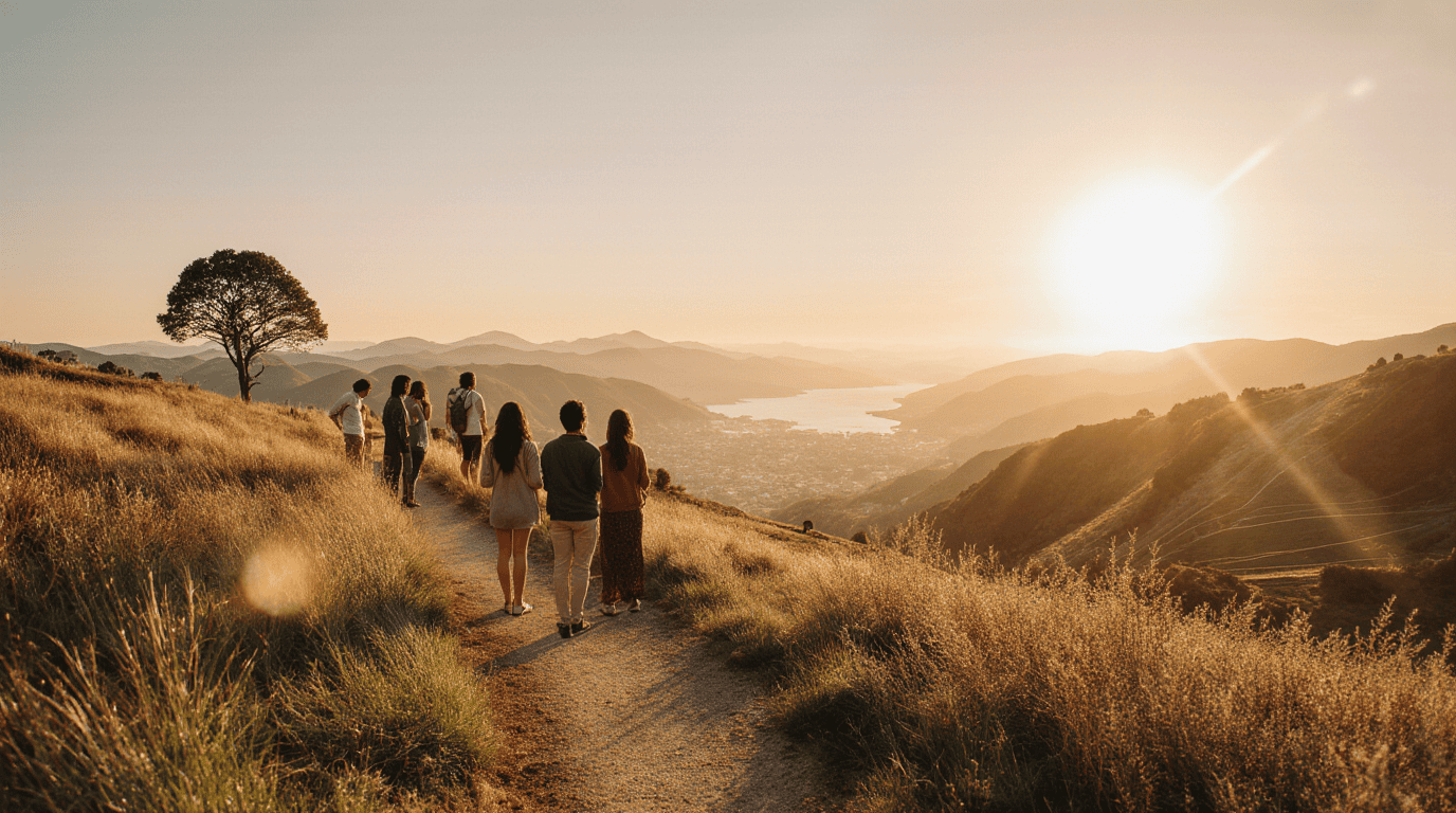 People holding a frame at sunrise overlooking misty hills — new perspective
