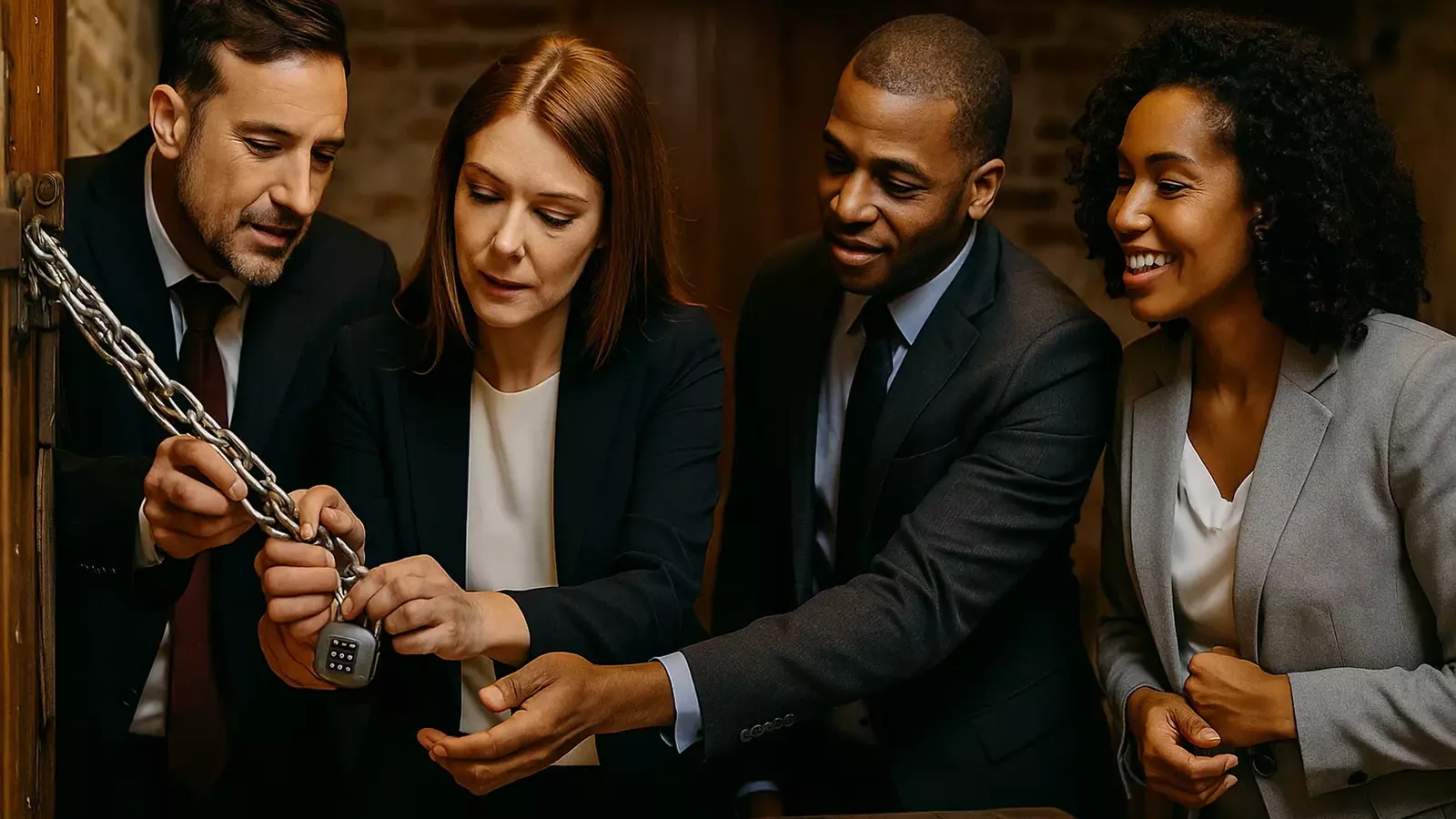 Small group working together to open a lock— unlock your potential
