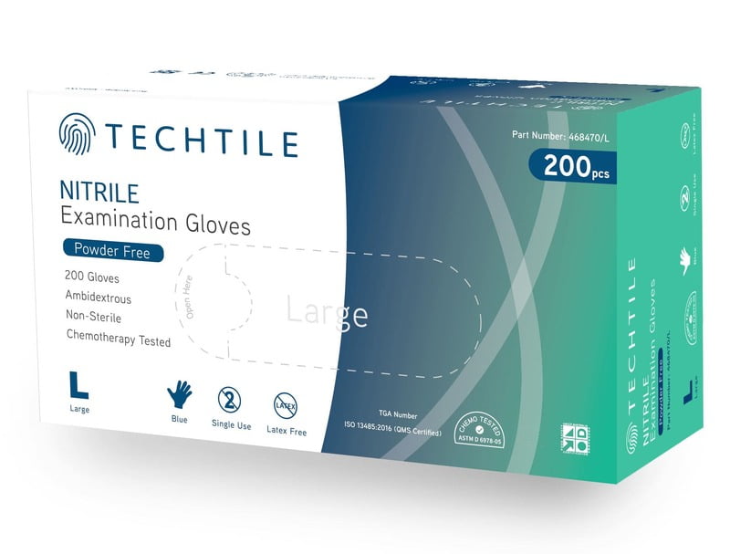 Techtile Nitrile Examination Gloves Powder Free Blue Pack of 200 Techtile Nitrile Examination Gloves Powder Free Blue Pack of 200