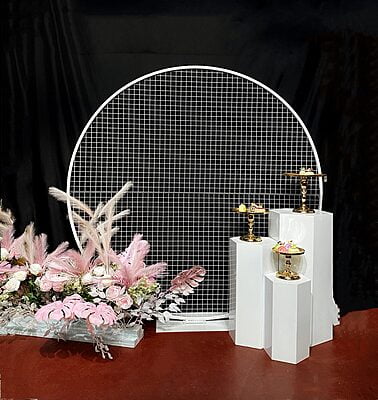 White Modern Square Mesh Round Backdrop Hire