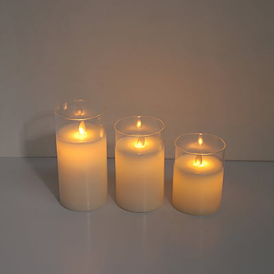 Set of 3 Elegant Wax LED Pillar Candles in Vase - Hire Set of 3 Elegant Wax LED Pillar Candles in Vase - Hire