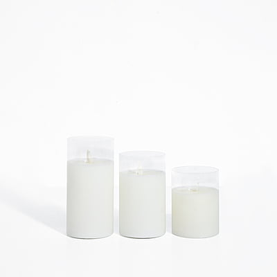 Set of 3 Elegant Wax LED Pillar Candles in Vase - Hire Set of 3 Elegant Wax LED Pillar Candles in Vase - Hire