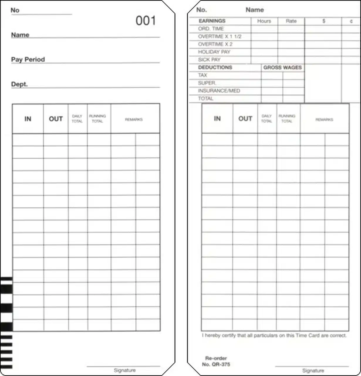 TLM QR-375 Time Card TLM QR-375 Time Card